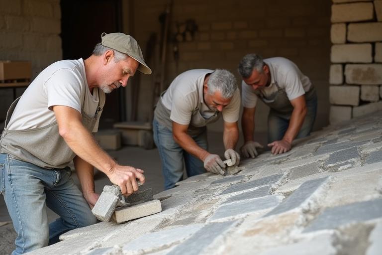 Équipe de couvreurs travaillant la lauze