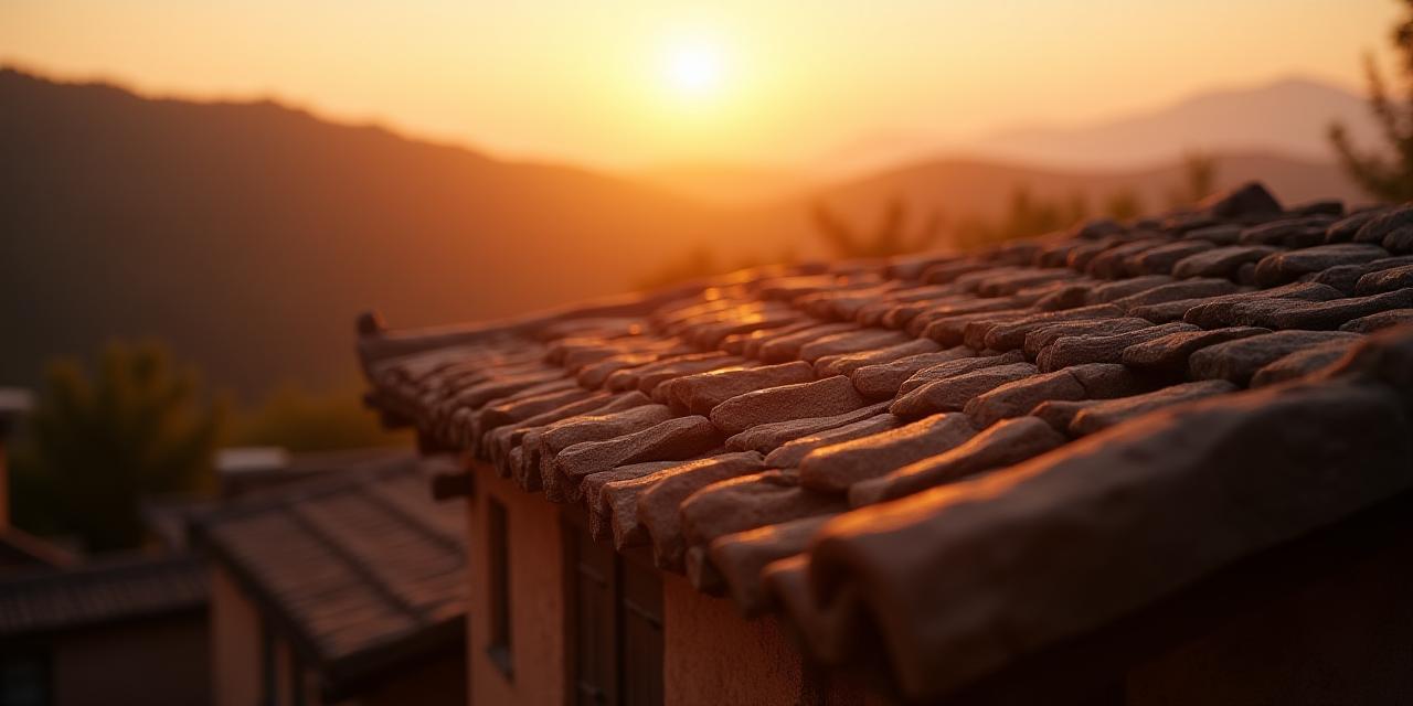 Toiture en lauze au lever du soleil